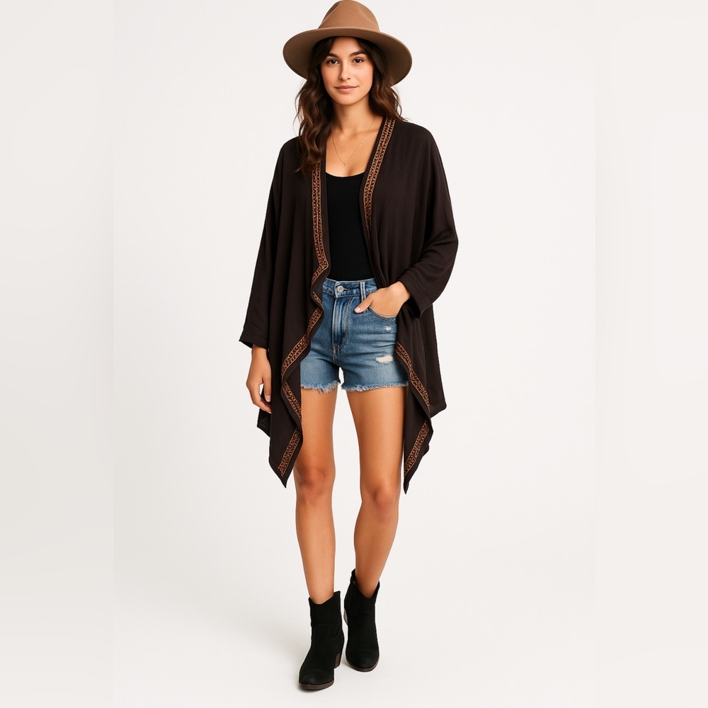 Soft Surroundings Brown With Embroidered Trim Open Cardigan SM
